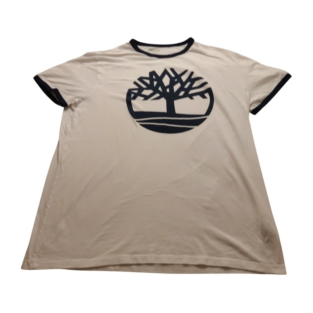 Timberland‎ Men's XL White Navy Blue Ringer T-Shirt Organic Cotton Logo Graphic